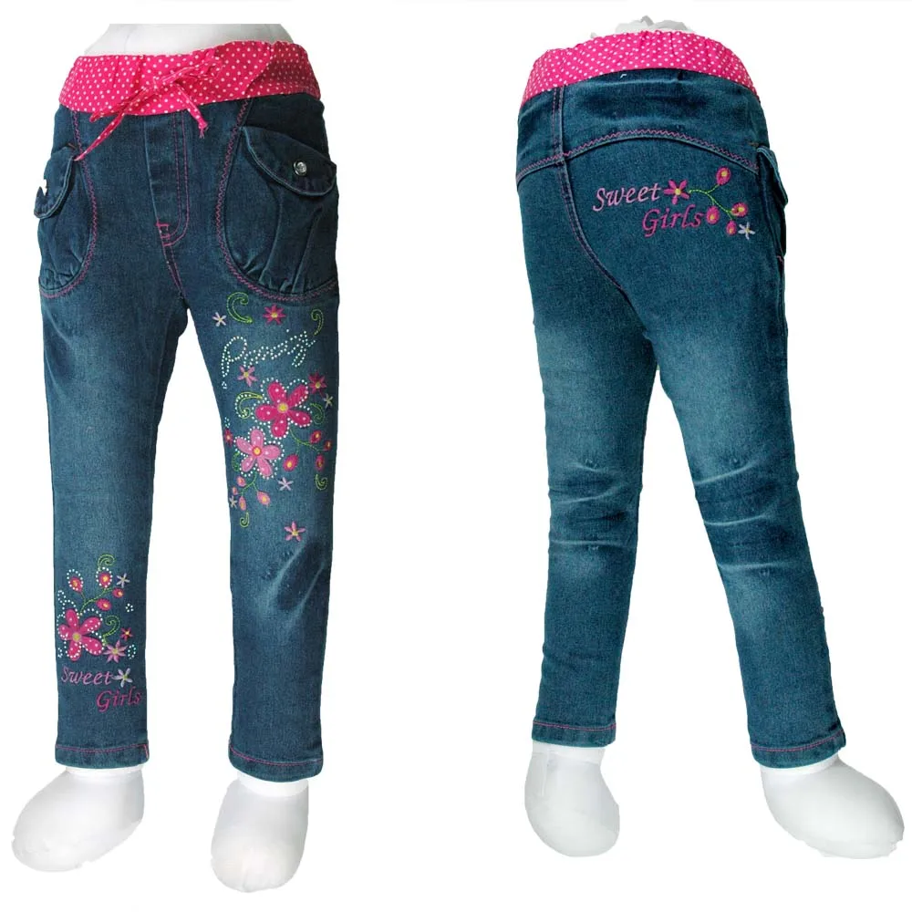 

Kid girls jeans denim trousers double butterfly multiple flowers embroider elastic waist embroider pattern 2014 (MH 2795)