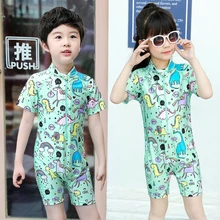 Детские костюмы для плавания, защитные костюмы, купальные костюмы, UPF 50+ защита от солнца УФ-излучения, Цельный купальник с молнией спереди и короткими рукавами для маленьких мальчиков и девочек