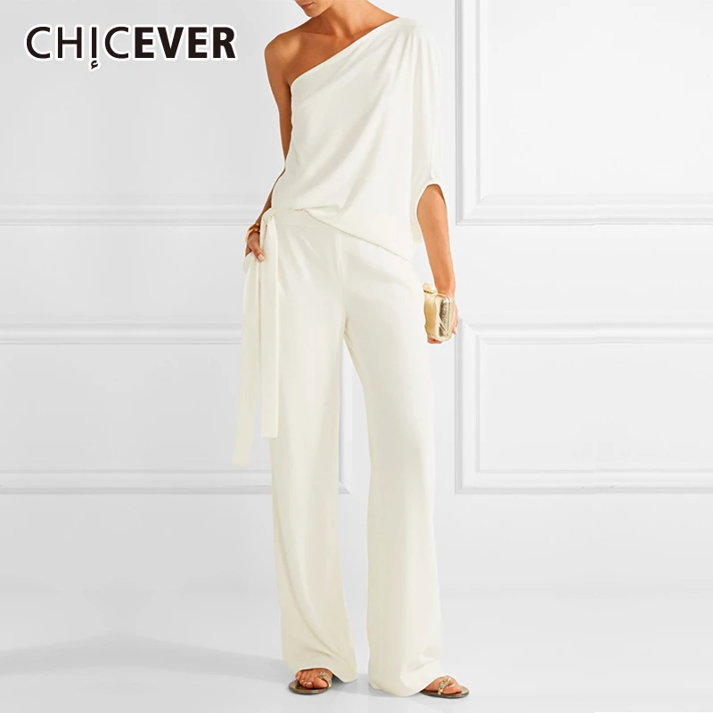 

CHICEVER Summer Two Piece Set For Women Off Shoulder Tops High Waist Loose Wide Leg Pants Korean Suits Female 2019 Fashion New