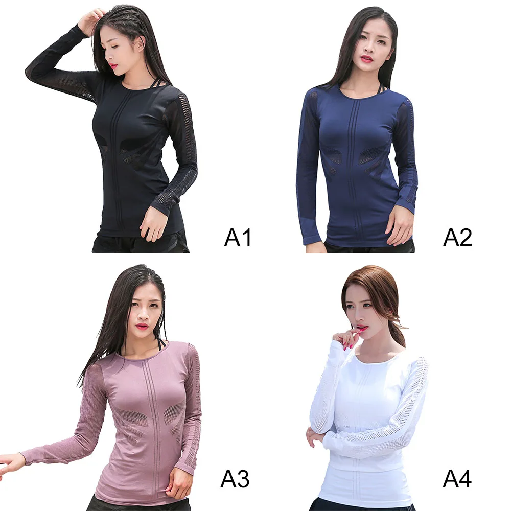 

Hollow Out Sport Shirts Top Women Slim Fit Mesh Yoga Fitness Top Long Sleeve High Flexible Solid Gym Workout Jersey