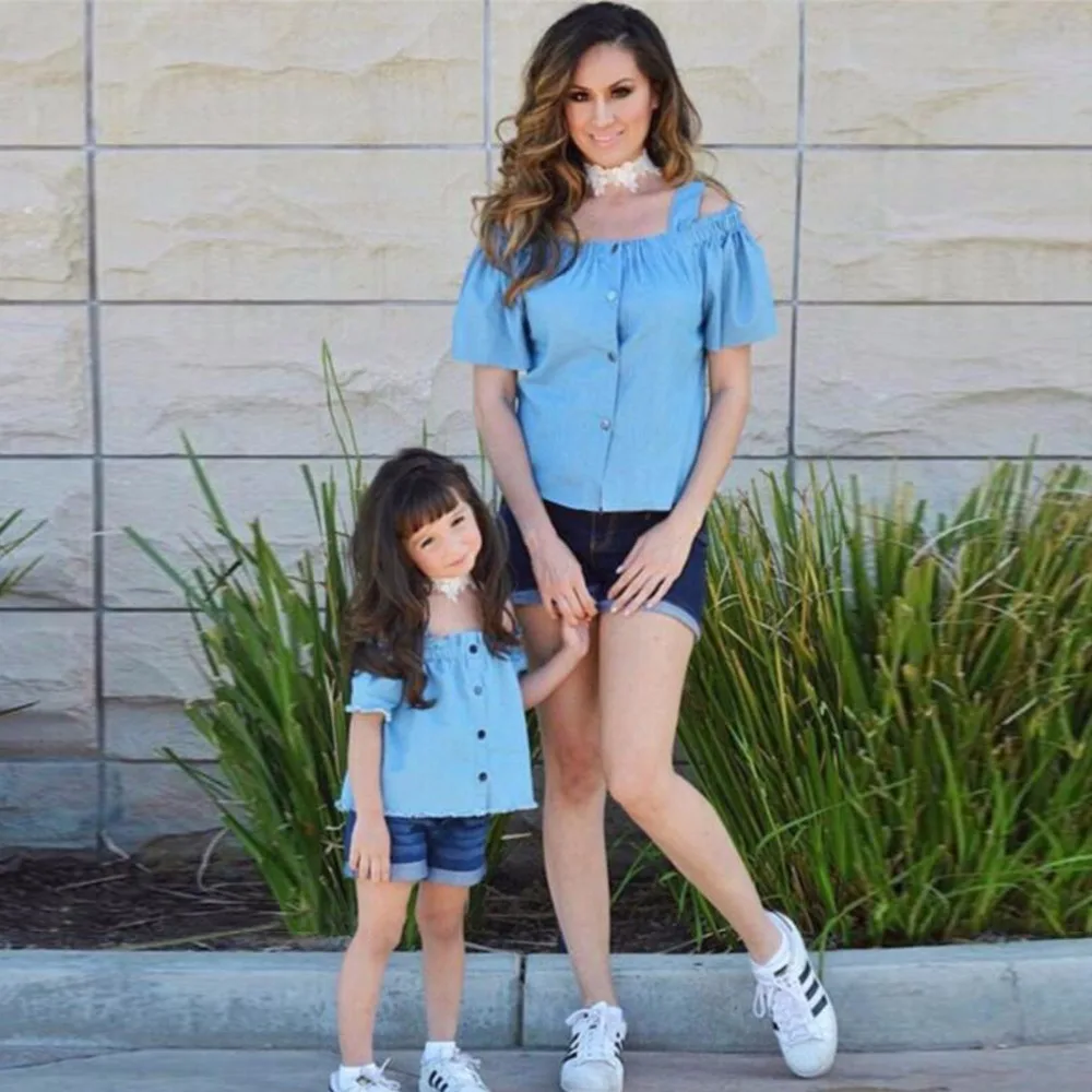 

Puseky Matching Mother Daughter Clothes Set Sweet Family Mom Girl 2pcs Outfits Mommy Me Summer Off Shoulder Tshirt+Denim Short