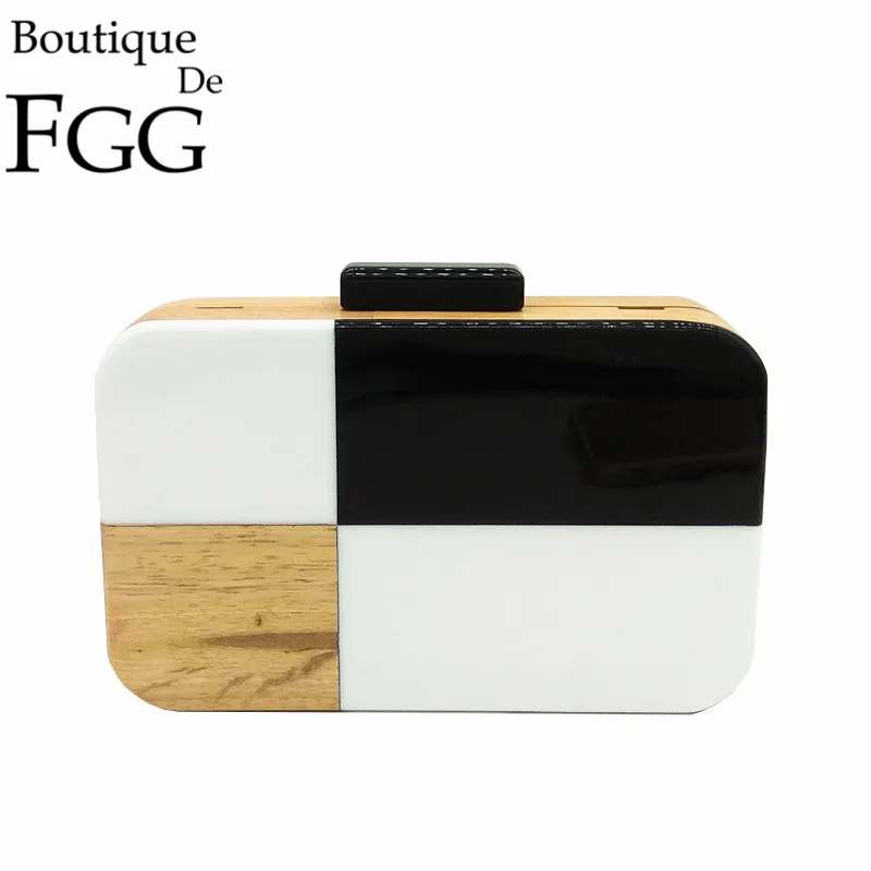 

Boutique De FGG Plaid Women Wooden Day Clutches Chain Shoulder Handbags Ladies Casual Crossbody Party Acrylic Box Clutch Bags