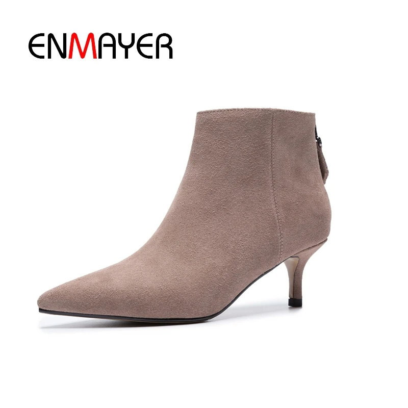 

ENMAYER Ankle boots Short boots Casual Pointed toe Thin High heels Fashion Boots Cow Suede Women shoes Black Zipper CR1357