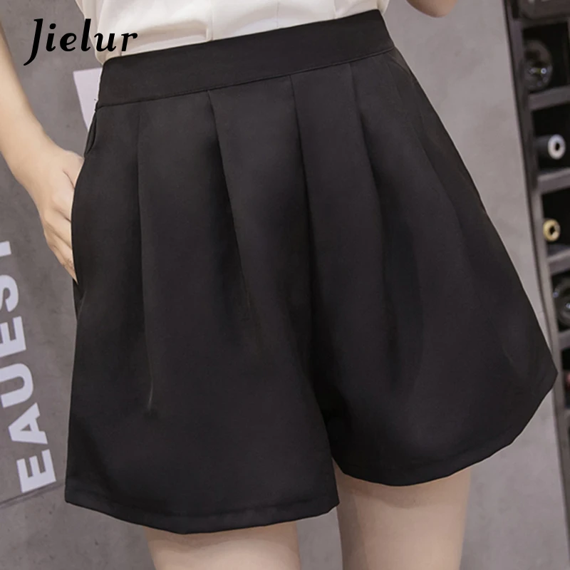 Jielur Office Lady Solid Color Black Shorts Elastic Casual Loose High