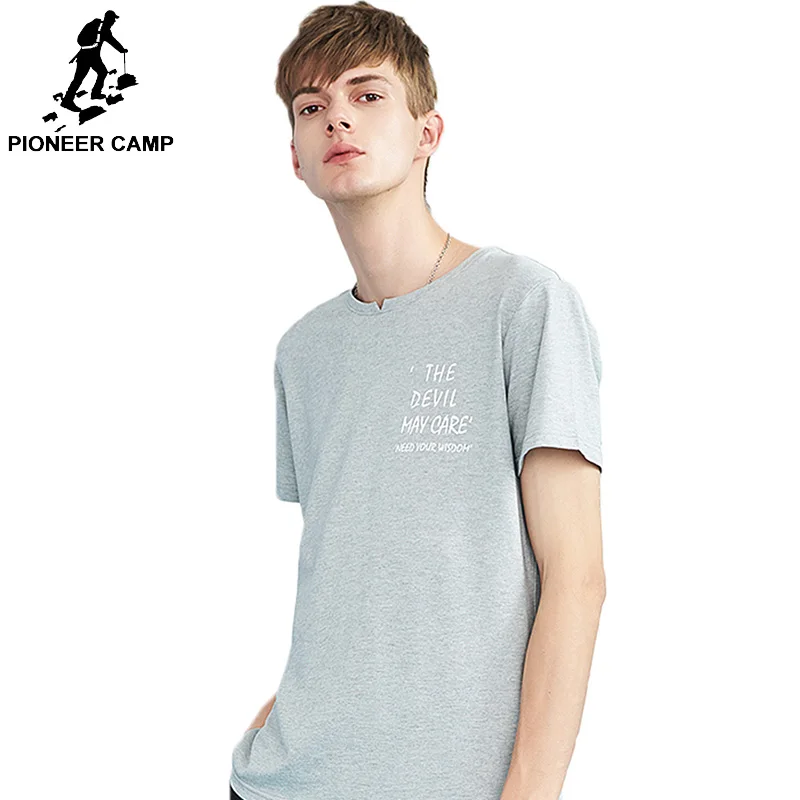 

Pioneer Camp letter T-shirt men comfortable brand-clothing light grey summer short T shirt male to quality ADT802175