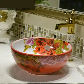 

35CM Chinese Jingdezhen Ceramic Washbasin Bowl-shaped Hotel Art Washbasin Flowers peony pattern ceramic basin bathroom sink