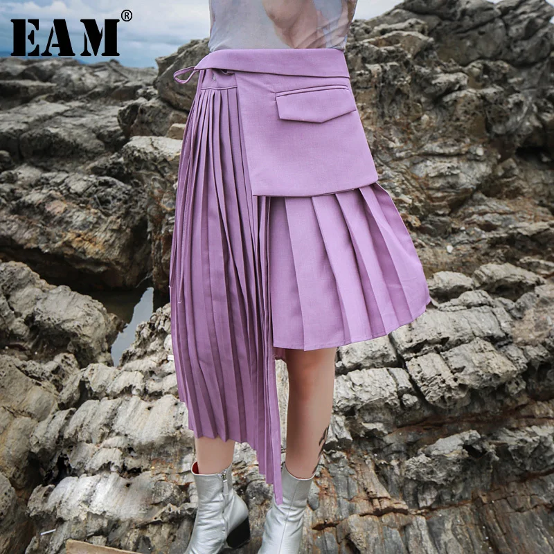

[EAM] 2019 New Spring High Waist Pleated Stitching Irregular Loose 3 Piece Movable Half-body Skirt Women Fashion JH351