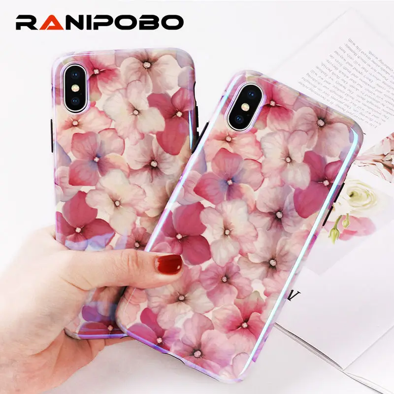 

Laser Blu-Ray 3D Peach Flower Patterned Phone Case For iphone X 6 6S Plus 7 8 Plus Lovely Floral Case Soft TPU Back Cover