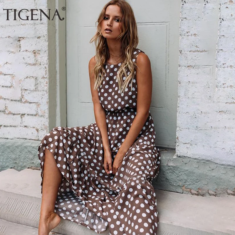 

TIGENA Polka Dot Print Long Maxi Summer Dress Women 2019 Tunic O-neck Sleeveless Boho Beach Summer Dress and Sundress Female