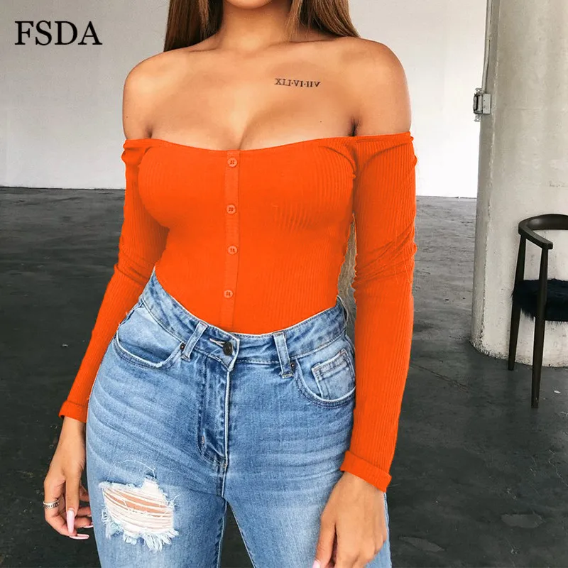 FSDA боди с открытыми плечами и открытой спиной для женщин, с длинным рукавом, с вырезом-лодочкой, облегающая кнопка, уличная одежда, повседневный сексуальный весенний комбинезон без бретелек - Цвет: Оранжевый