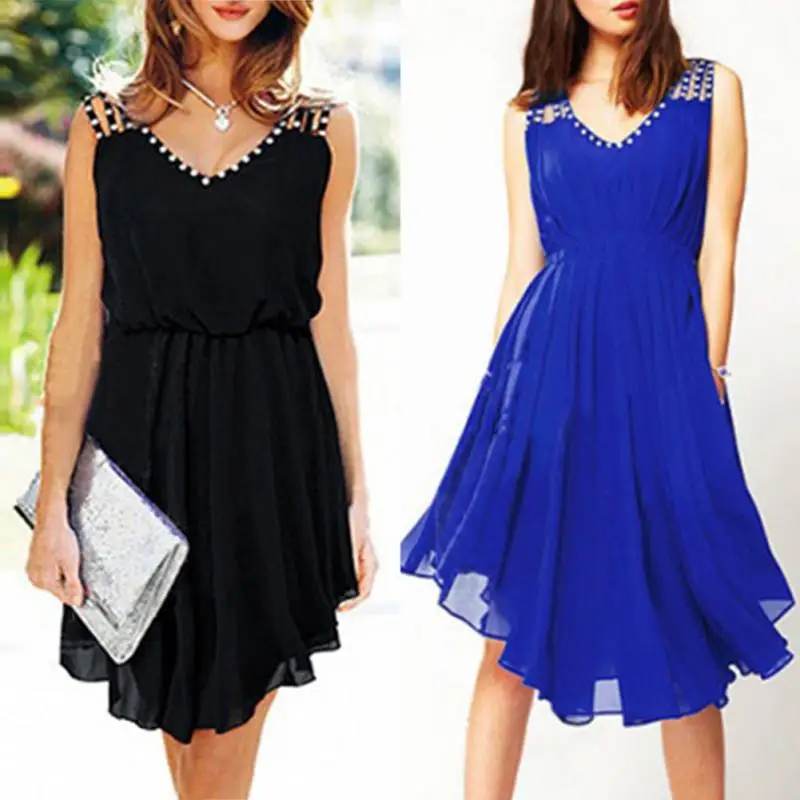 

Summer Chiffon Dress Women V-neck Sleeveless Beach Dress Chic Mini Dress Elegant Party Dress Plus Size Black Blue Vestidos