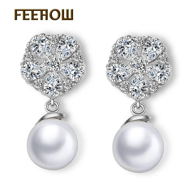

FEEHOW Gorgeous Design Pear Cluster Flower Shape Hang Imitation Pearl Top Quality Cubic Zirconia Bridal Dangle Earring FWEP198