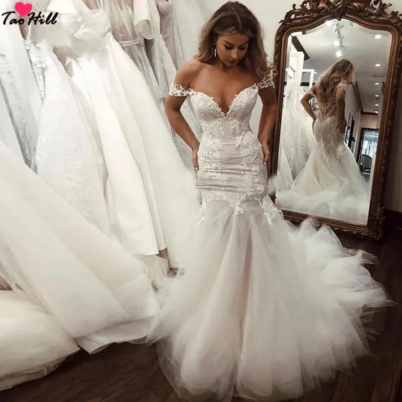 

TaoHill Wedding Dress Ivory Off Shoulder Deep V-neck Sexy Back Lace Flowers Trumpet Bridal Dresses