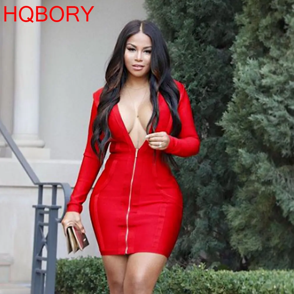 

Front Zippers Red Long Sleeve V Neck Mini Bodycon 2018 Sexy Women Party Bandage Dress
