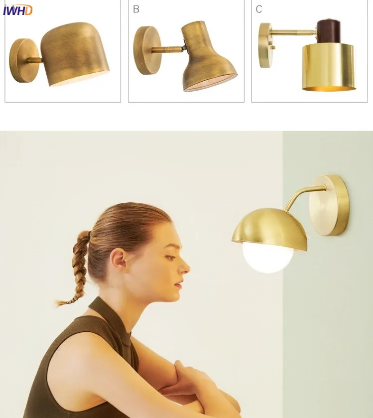 IWHD скандинавский медный настенный светильник в стиле ретро, Светильники для гостиной, ванной комнаты, зеркальный светильник, Деревянный винтажный настенный светильник, светодиодный светильник, аппликация, Мураль