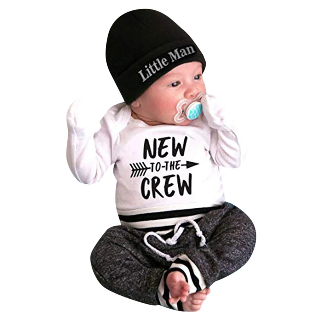 

2019 Baby Set Newborn Baby Boy Clothes Letter Print Romper Tops +Long Pants+Hat 3PCS Outfits Baby Cloth Drop Shipping