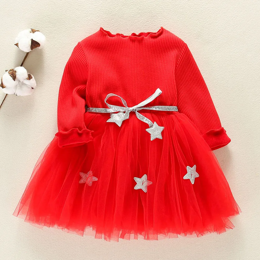 

SAGACE baby Dress Toddler Kids Baby Girls Long Sleeve Star Clothes Party Princess Dresses mesh ball gown Plus velvet winter