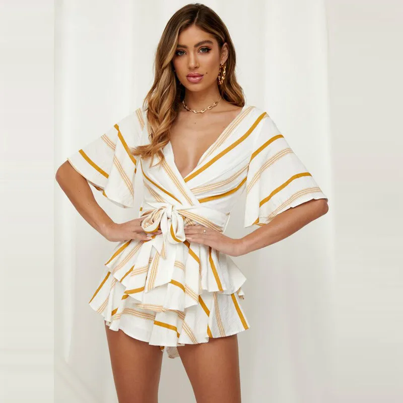 

2019 Women Summer Short Romper Playsuit Deep V-neck Backless Mini Playsuits New Green Striped Cascading Ruffled Beach Jumpsuit