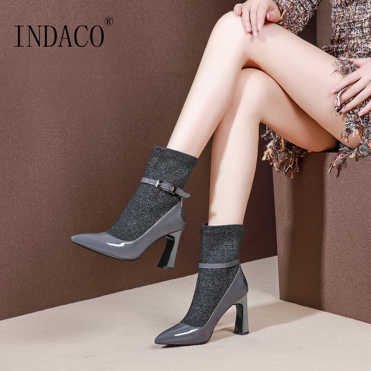 

Thick High Heel Stretch Sock Boots Slip on Winter Boots Women Patent Leather Mid High Heel Shoes 8.5