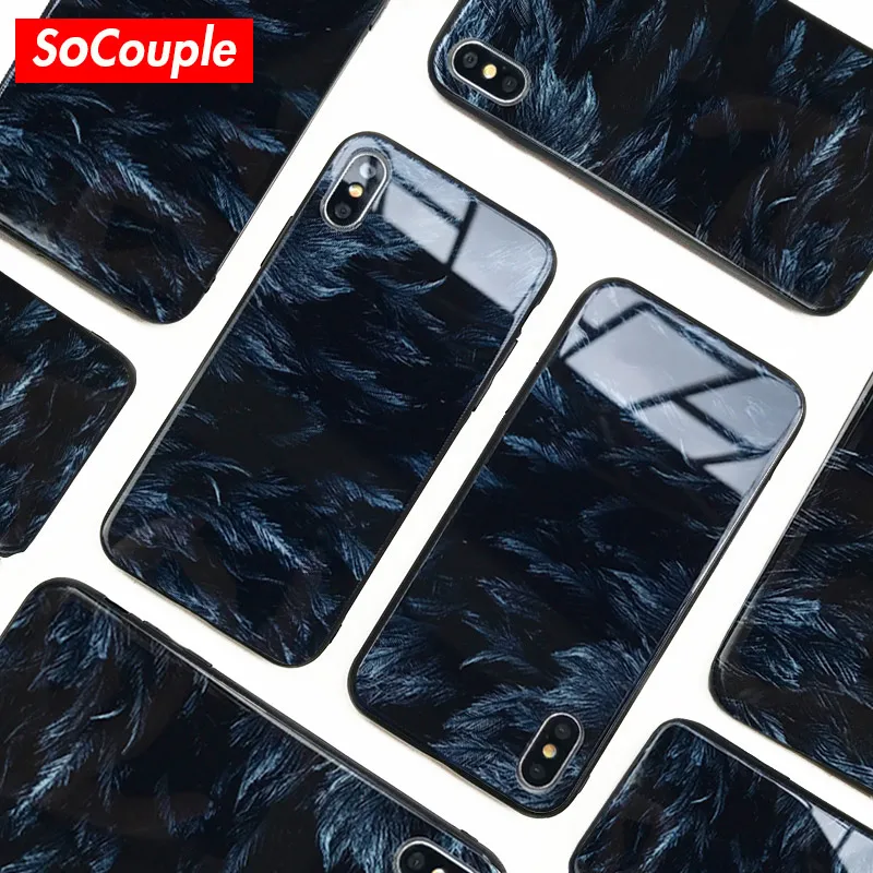 

SoCouple Luxury Feather Tempered Glass Phone Case For iphone 7 8 plus Case For iphone X Xs max XR 6 6S plus Ultra-thin Back Cove