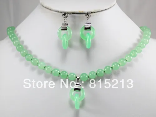 

ddh0051beautiful natural light green jade necklace pendant earrings set AAA