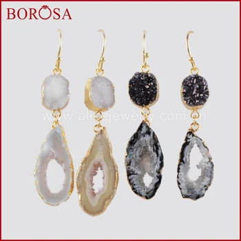 

BOROSA 5Pairs Wholesale Gold Color Light Black Druzy & Onyx Druzy Slice Dangle Earrings Good Quality Drusy Drop Earrings G1471