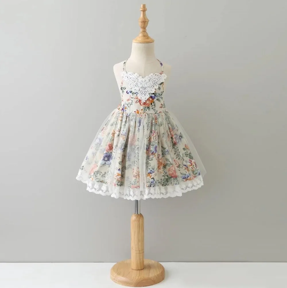 Новые летние платья для девочек, детские кружевные фатиновые Платья с цветочным принтом на подтяжках, Пасхальная Праздничная детская одежда