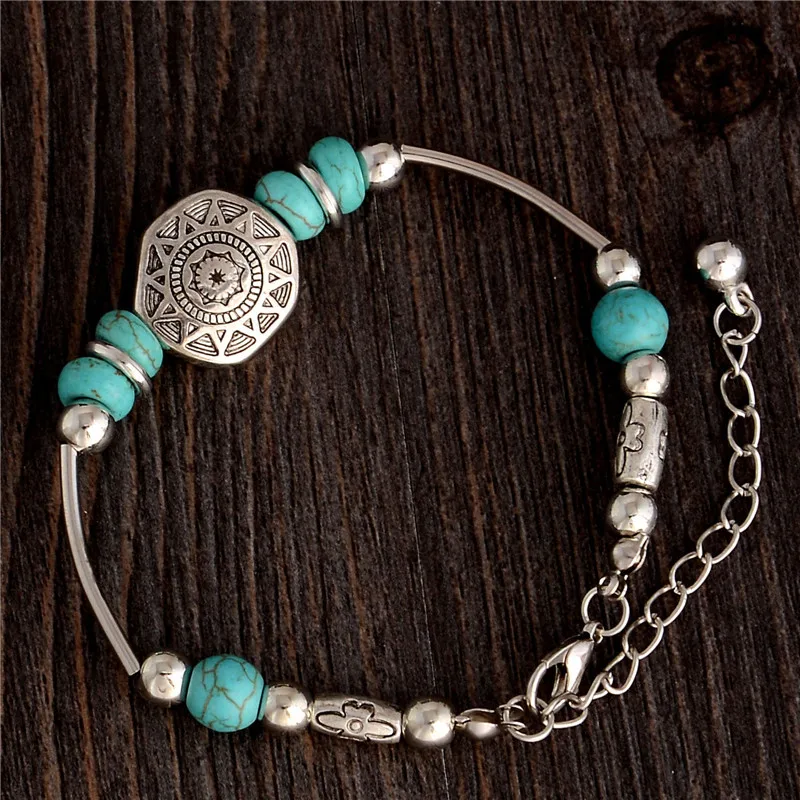 Turquoise Charm Bracelet Antique Silver Charm Chain Link Bracelet & Bangle Fashion Wristband Cuff Bead Bracelet for Women Girl