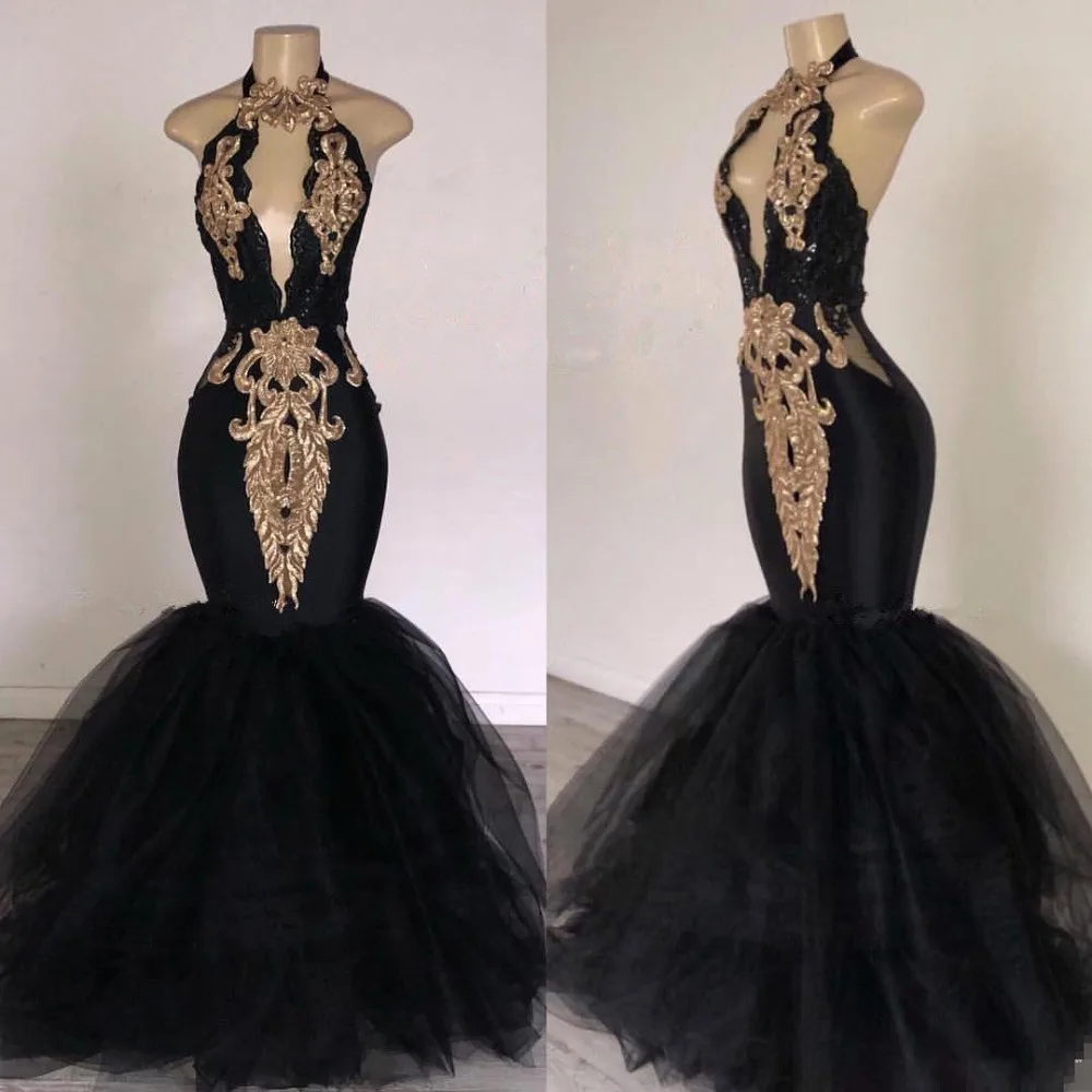

2018 Sexy Black Halter Satin Mermaid Long Prom Dresses Lace Sequins Beaded Backless Side Slit Evening Dresses Formal Party Dress