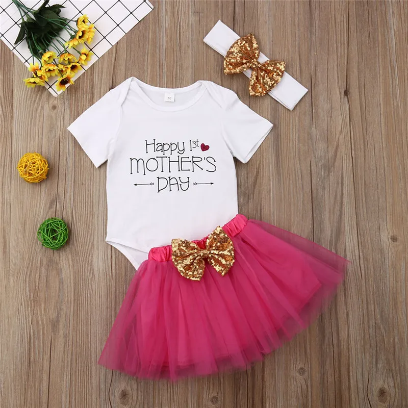 Happy Fathers Day Baby Girl Outfit Letter Print Rompers+Tutu Dresses Shorts+Leggings+Headband 4PCS Skirt Set