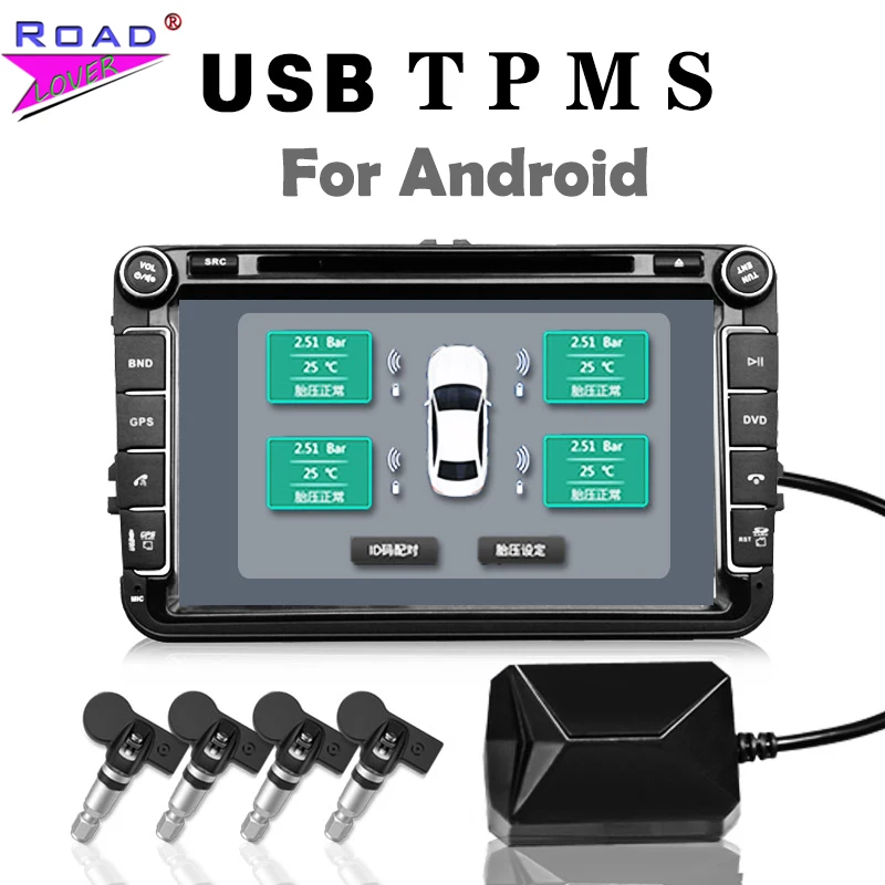 shewt Système de Surveillance de la Pression des pneus USB avec 4 capteurs externes Température et Fonction dalarme TPMS pour la Navigation Android 