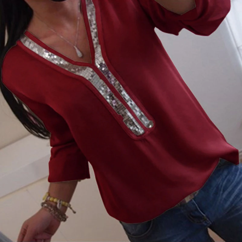 ELSVIOS размера плюс 5XL расшитые блестками Женские рубашки топы Осенняя шифоновая блузка с длинным рукавом и v-образным вырезом свободная Офисная женская блуза из кусков