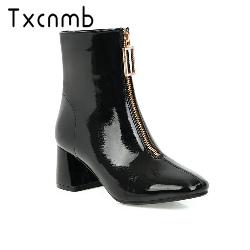 

TXCNMB 2019 Boots Women Ankle Boots for Women Winter Patent Leather High Heel Shoes Woman Round Toe Szie 46 47 48
