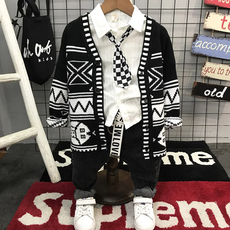 

Brand Antumn Korean Style Knitted Cardigan Coats Kids Boys Fashion Printed Single Breasted Outwear Knitting Jackets for Child