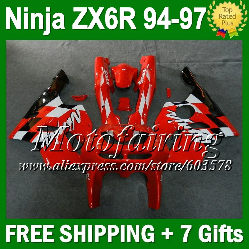 

7gifts For KAWASAKI NINJA Red white ZX6R 94-97 ZX 6R 636 CL6 ZX636 ZX-6R 94 95 96 97 1994 1995 Hot Red black 1996 1997 Fairing