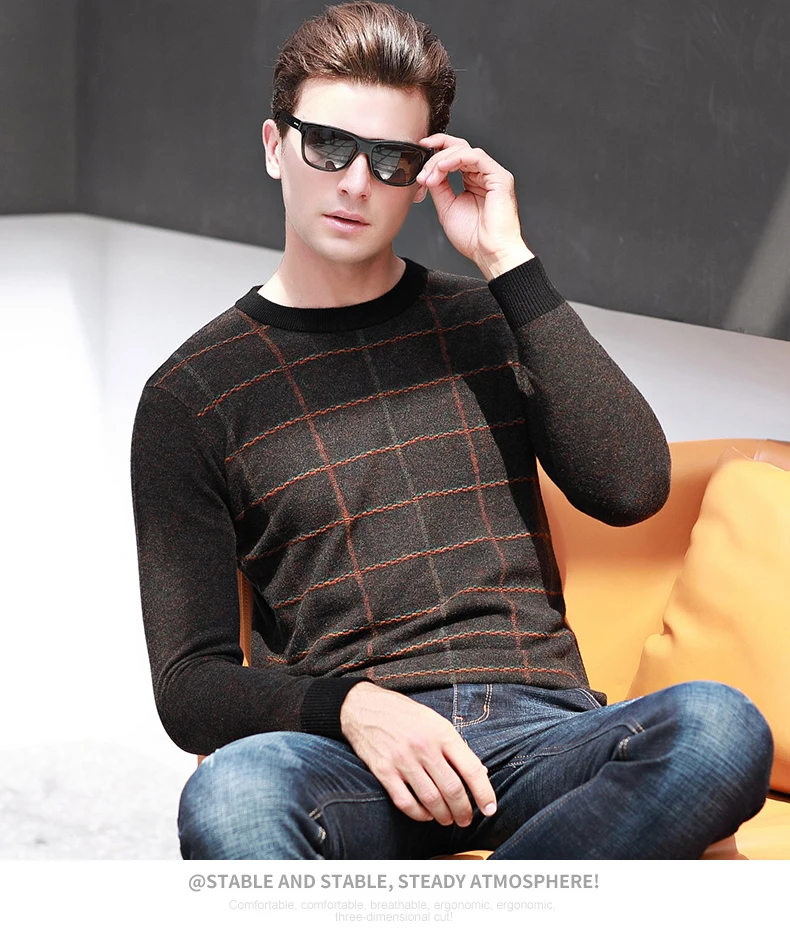 Casual Winter Warm Wool Men's O-neck Plaid Sweater Men Smart Casual Pullover High Quality Men's Knitted Sweaters