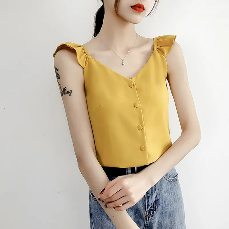 Summer Ruffles Chiffon Button Loose Tank Top Women Sleeveless Shirt Casual Blouse Fashion