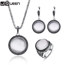 Винтаж комплект украшений Большой круглый белый природный камень опал кулон Цепочки и ожерелья/серьги/кольцо набор украшений для женщин подарок 3 шт./компл. v