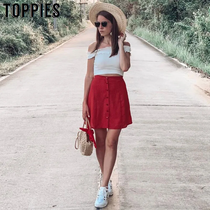 

Women Kawaii Polka Dot Skirt High Waist Red Mini Skirts Front Single Breasted Korean Shorts faldas mujer moda 2019