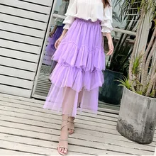 1515 Летняя женская длинная многослойная юбка с высокой талией, модная женская блуза с послойным расположением ткани, оборочками и v-образным вырезом, плиссированные юбки из тюля для женщин