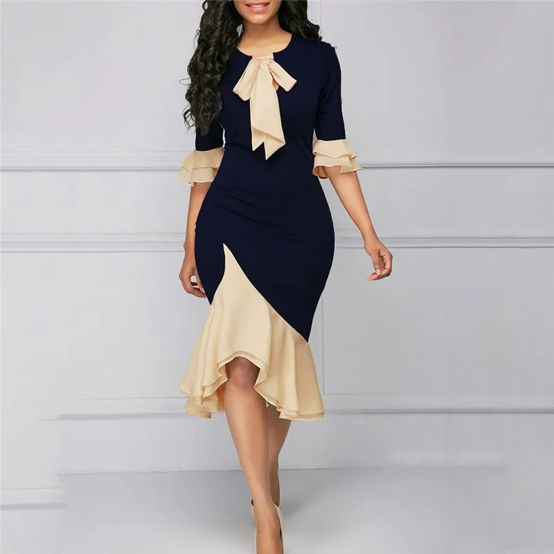 

Vintage Elegant Office Lady Women Dresses Mermaid Flare Sleeve Bow Collar Falbala Girls Sexy Female Retro Party Dress #327