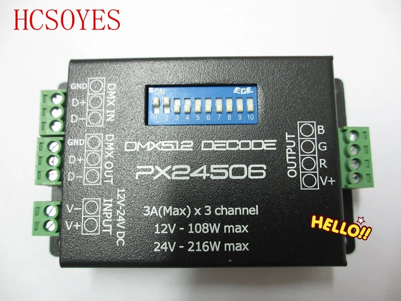 

PX24506 DMX 512 Decoder led Driver 9A DMX 512 Amplifier for 5050/3528 RGB LED Lights DC 12V-24V