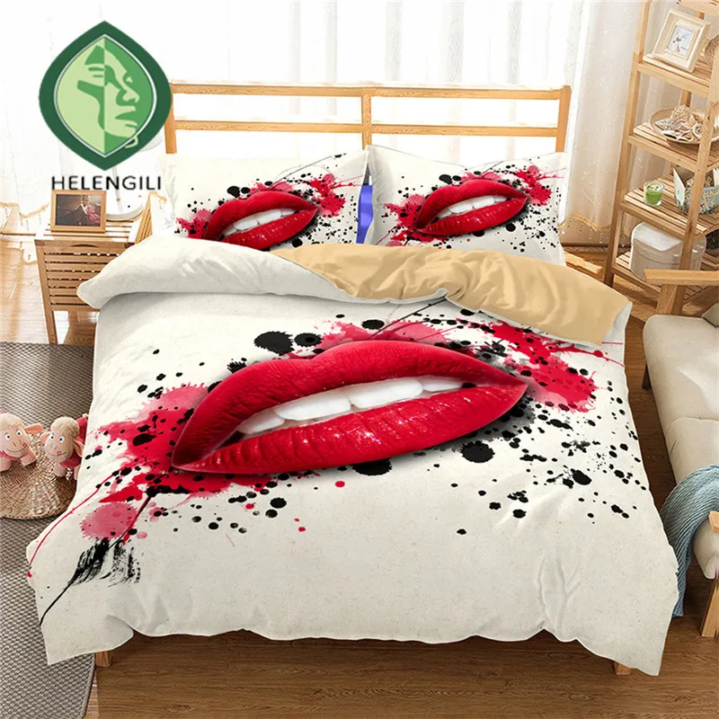 HELENGILI 3D الفراش مجموعة الشفاه طباعة غطاء لحاف مجموعة نابض بالحياة أغطية مع المخدة السرير مجموعة المنسوجات المنزلية # Z-01
