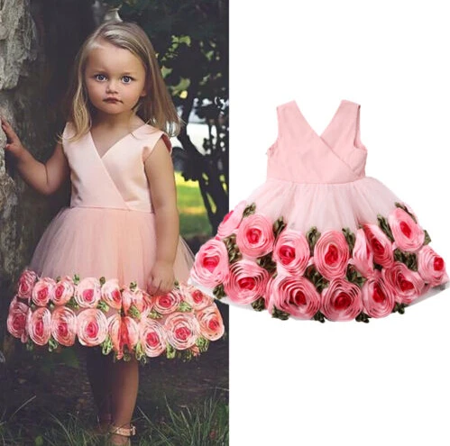 

New Pretty Flower Girl Dress 3D Rose Print V Neck Birthday Pageant Sundress Princess Kids Outfits Sleeveless Party Floral Dress
