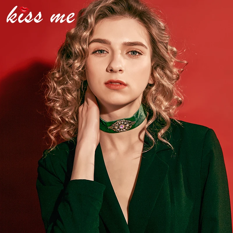 KISS ME, новинка, широкий зеленый бархат, колье, ожерелье, кристалл, геометрический, панк, Винтаж, ювелирное изделие для женщин, бижутерия