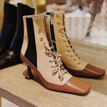 

Mix Color Boots Lace Up Heels Ankle Boots For Women Square Toe Fashion Ladies Zipper Shoes