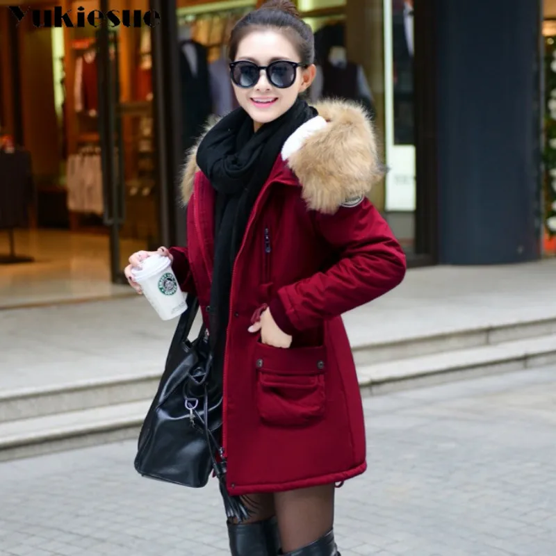 Fashion Autumn Warm Winter Jackets Women Fur Collar Long Parka Plus Size lapel Casual Cotton Womens Outwear Park Plus size