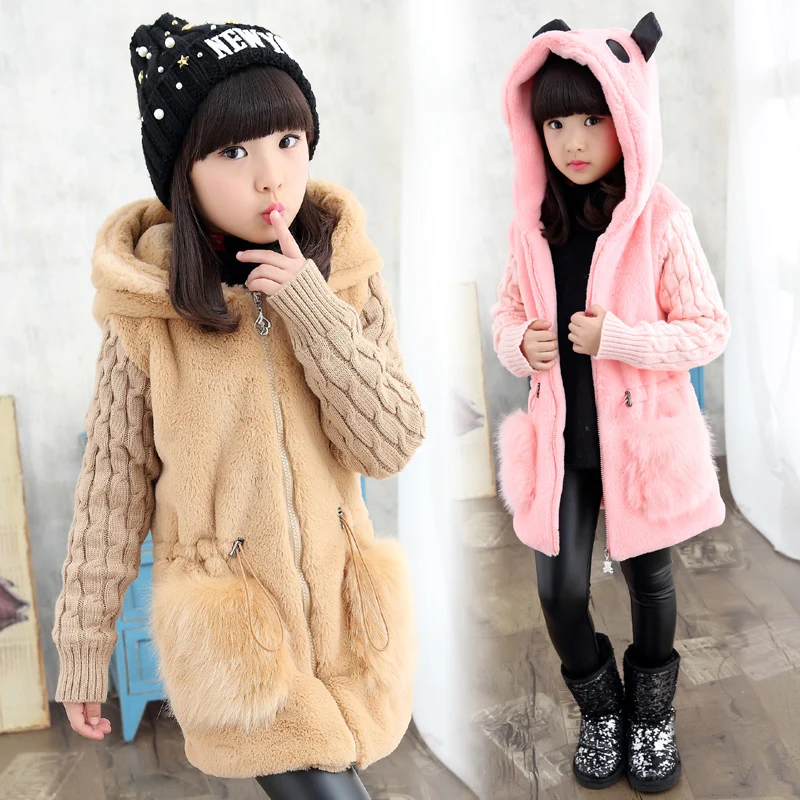 

2017 New Baby Girl Winter Warm Faux Fur Coat Kids Long Sleeve Cute Cartoon Hooded Thick Clothes Kid School Winter Warm Outerwear