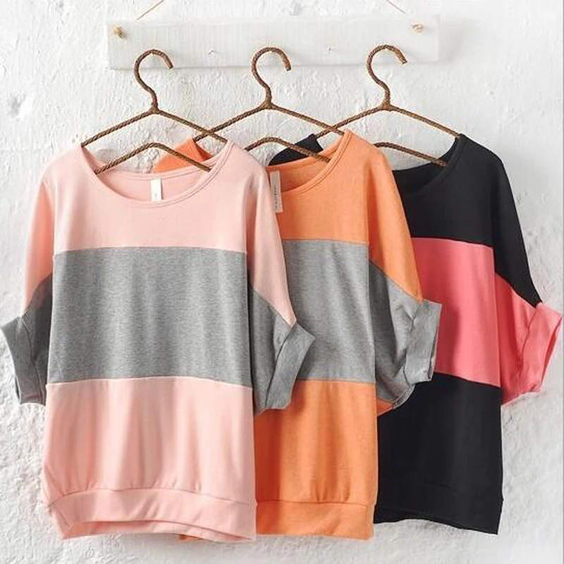 

Patchwork Striped Color Woman T shirt Cotton Spandex Stretch Tee shirt Girl Batwing Sleeve Round Neck T-shirt Femme Blusas