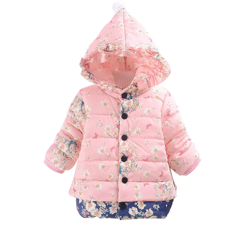 

Children's winter new plus velvet warm print jacket girls fashion hooded Mickey Minnie cartoon down jacket